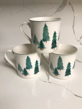 Abbott Evergreen Green Tree Pattern Ceramic Coffee Mugs - Set of 3